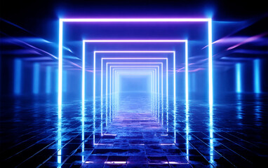 Naklejka premium Futuristic neon light tunnel with glowing rectangular frames