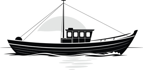 Fishing boat silhouette on water, vector illustration with cabin and mast, sea transport concept, maritime design, isolated on white background