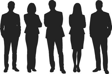 Group of Business People Silhouettes, Men and Women Standing in Professional Attire, Diverse Team Vector Collection