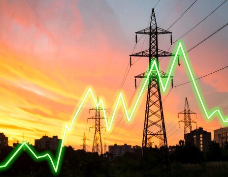 Power lines against a vibrant sunset with a rising graph