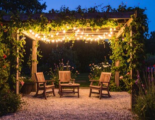 Outdoor pergola at dusk with string lights and patio furniture