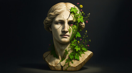 Classical marble bust with ivy plant growing around – ancient statue artwork mixed with natural greenery