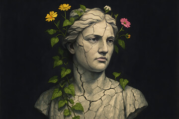 Ancient greek style bust decorated with flowers and ivy vines – artistic sculpture with nature elements