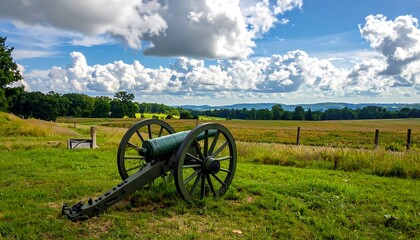 A vintage cannon rests on a grassy field overlooking a vast, scenic landscape under a partly cloudy sky.