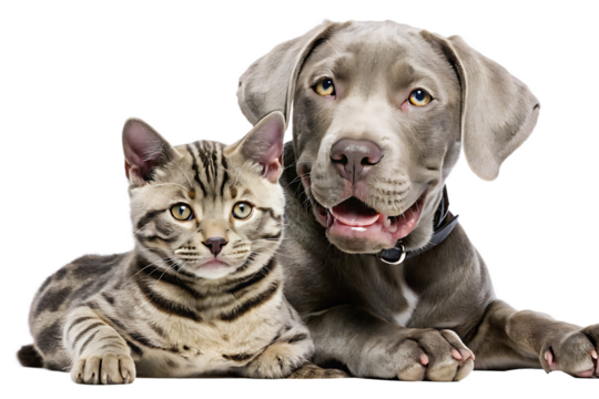 Tabby cat and grey puppy lying together isolated on a transparent background kitten