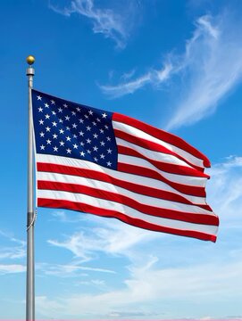 United States flag waving in the wind, blue sky background, vertical video