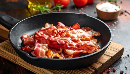 Crispy bacon strips sizzling in a cast iron skillet, showcasing appetizing hues of reddish-brown and golden-brown.