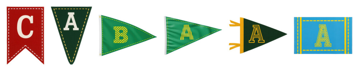 Decorative pennant and banner set including various shapes, materials, and colors isolated. Ideal for sports, academic, and party themes.