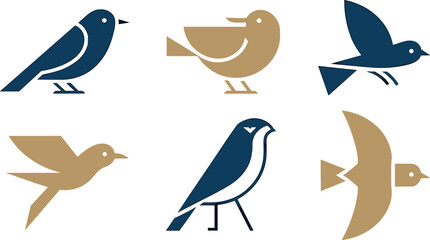 Set of six bird logo designs, a collection of simple, flat, geometric vector illustrations of various birds in blue and brown color.