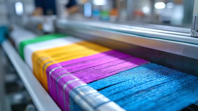 Modern textile manufacturing where intelligent weaving machines create complex patterns with mathematical precision. Colorful threads flow like rivers of light through automated