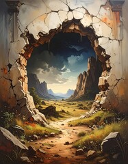 A dramatic vista unfolds through a broken archway, revealing a sunlit landscape of mountains and a path winding through a golden meadow.