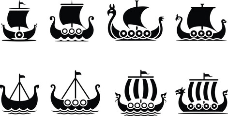 Viking Longship Vector Illustration Set with Various Types of Ancient Norse Dragon Boats and Drakkars for Historical and Nautical Designs