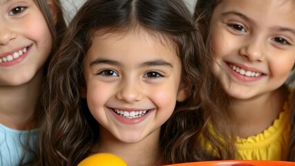 Smiling girls radiate joy and happiness in playful portrait, showcasing friendship while holding colorful fruits in bright setting