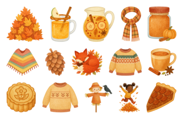 PNG Cozy autumn-themed illustrated icons, element set on transparent background