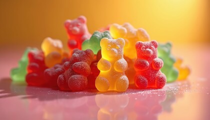 Pile of colorful gummy bears with semitransparent texture piled on reflective surface. Assorted chewy jelly candy snacks in red, green, yellow, orange, pink. Sugary confectionery delights, perfect