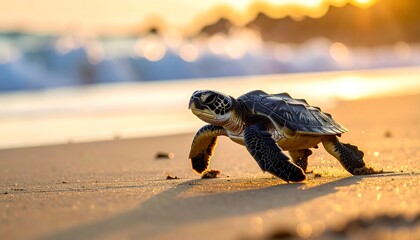 A small sea turtle, with dark and light shell colors, makes its way across the golden sand toward the ocean at sunrise.