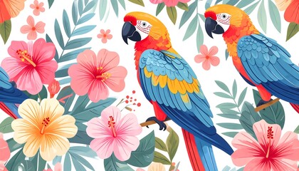Tropical parrot and hibiscus flower pattern