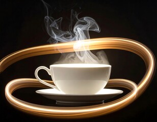 A captivating image of a white coffee cup and saucer, surrounded by swirling golden light trails, showcasing steaming vapors against a dark backdrop.