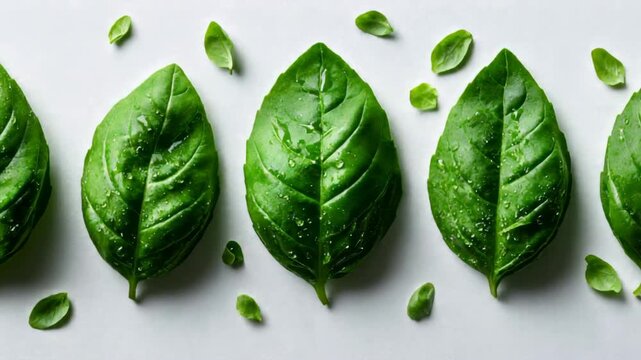 Dynamic Macro Pan Across Freshly Washed Green Basil Leaves Arranged on a White Background