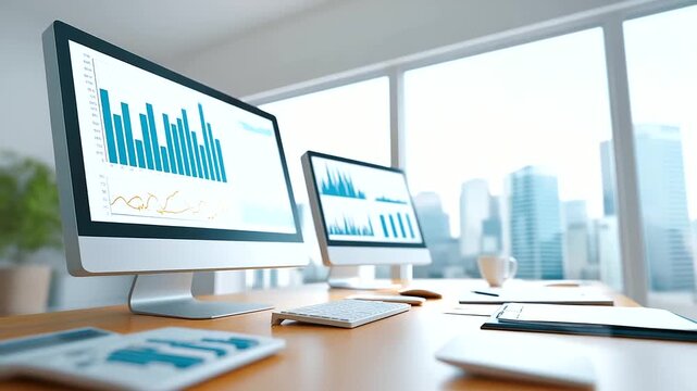 Real estate investment analysis workspace financial charts and market data on large monitors property portfolio spreadsheets architectural renderings of development projects