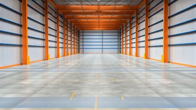 Spacious industrial warehouse interior featuring high ceilings, orange beams, and polished concrete floor, perfect for storage and logistics