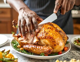 Person carving a roasted turkey