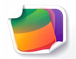 Colorful, rounded-square stickers with gradient fills, peeled corners, and glossy finish, suggesting app icons or digital labels