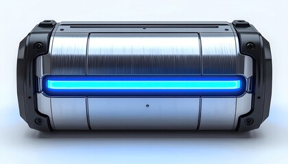 Brushed-metal cylindrical device with glowing blue accent, robust black endcaps and visible screws