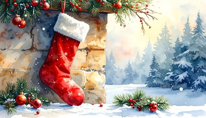 Frosted Christmas Stocking by the Stone Wall