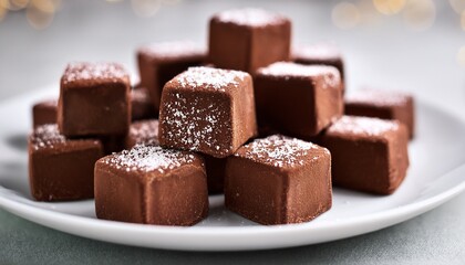 Delicious Homemade Chocolate Cubes With Sparkling Sugar Crystals On A White Plate Perfect For Dessert Enthusiasts And Gourmet Treat Lovers