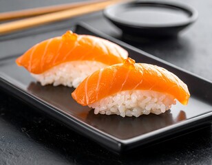 Two salmon nigiri on a dark plate