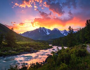 Majestic Mountain Sunset Over a Crystal River