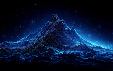 Blue Glowing Abstract Mountain Peak in Starry Night Sky