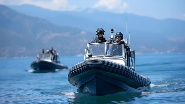 Multi agency maritime task force conducting coordinated drug interdiction operation. Patrol cutters work alongside enforcement agents using advanced detection equipment. Profession