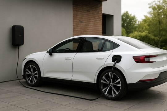 Modern white electric vehicle charging in a residential driveway with a sleek wall-mounted home charging station, minimalist house exterior, and eco-friendly suburban atmosphere.	
 - Powered by Adobe