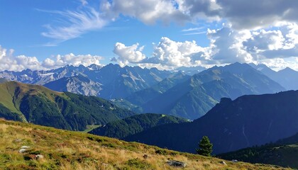 Fototapeta premium Alpine Peaks Panorama: Majestic Mountain Range Under Sunny Sky