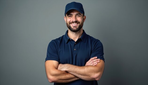 Bearded male worker in navy blue polo shirt and cap, arms crossed. Confident service technician delivery driver smiles at camera. Portrait of pro employee in uniform against grey background.