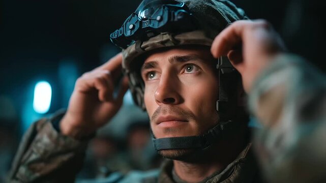 Elite special forces team preparing equipment in a staging area checking advanced night vision goggles and tactical communication devices. Professional military bearing and attent