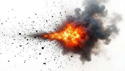 Intense explosion event with bright orange fire ball, dark smoke cloud, and scattered shrapnel pieces against a white background. Represents destruction, danger, and dramatic impact in slow motion.