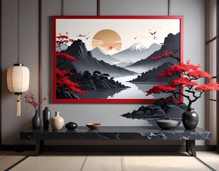 A serene Asian-inspired landscape painting hangs in a stylish, modern interior setting.