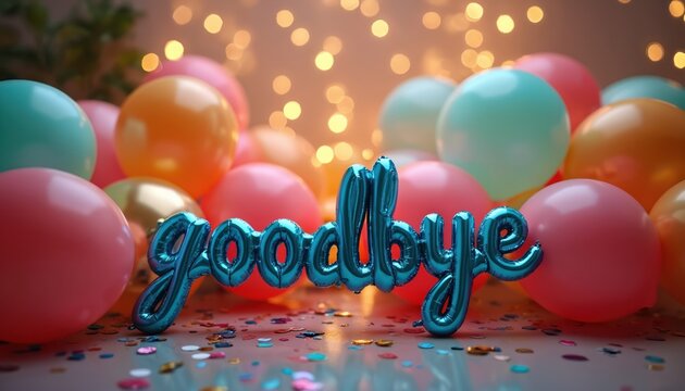 Colorful balloons, shiny blue Goodbye balloon float at party, celebrating farewells, new beginnings. Confetti scatters across surface, adding to festive atmosphere. Scene captures joyful milestone,