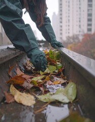 Person cleaning leaves from a rain gutter