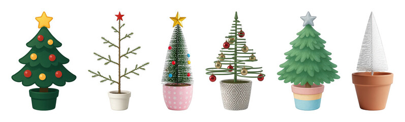 Miniature Christmas tree set including assorted styles, shapes, and decorations isolated. Festive holiday decor and seasonal designs.