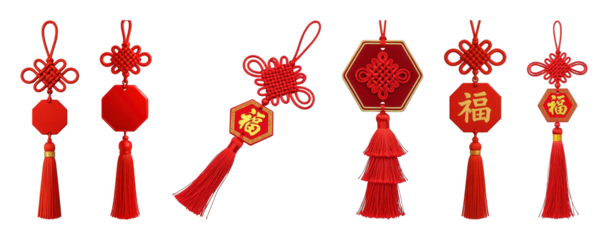 Red Chinese knot decoration set including assorted tassels and "Fu" character pendants isolated. Festive Asian cultural design elements.