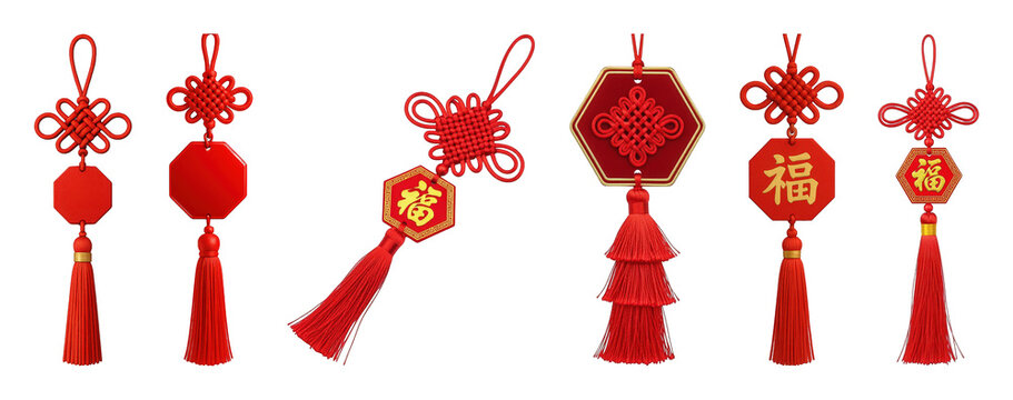 Red Chinese knot decoration set including assorted tassels and "Fu" character pendants isolated. Festive Asian cultural design elements.