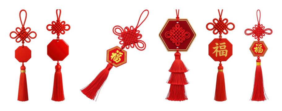 Red Chinese knot decoration set including assorted tassels and "Fu" character pendants isolated. Festive Asian cultural design elements.