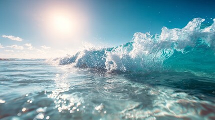 Dynamic ocean wave cresting with sparkling sunlight and clear blue sky, perfect for summer and travel