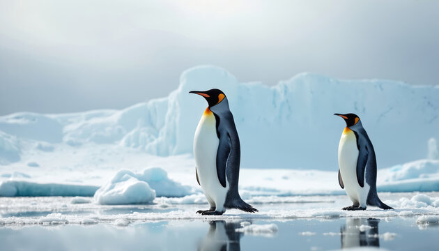 Majestic king penguin stands on icy terrain in the Antarctic. Serene winter landscape with snow and icebergs. Elegant bird in natural habitat, remote wilderness, cold weather survival.
