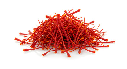 Naklejka premium Saffron threads isolated on white background, rare and luxurious spice with deep red color and floral aroma.
