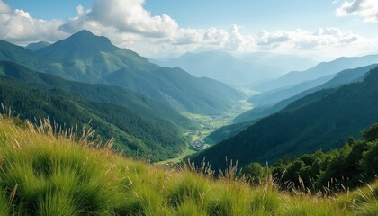 Fototapeta premium Rich green mountain valley unfolds below grassy foreground under clear skies. Serene landscape invites outdoor adventures, nature tourism, appreciation for clean fresh air. Explore expansive open